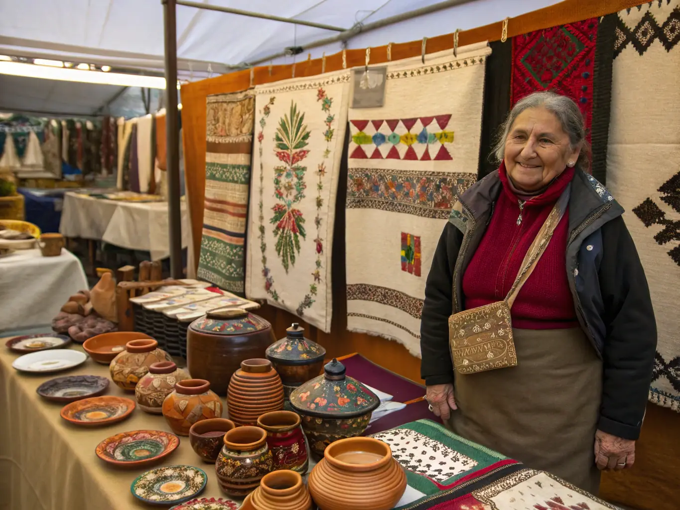 A photograph of local artisans displaying and selling their products at a market in Valignat, showcasing the region's craftsmanship.