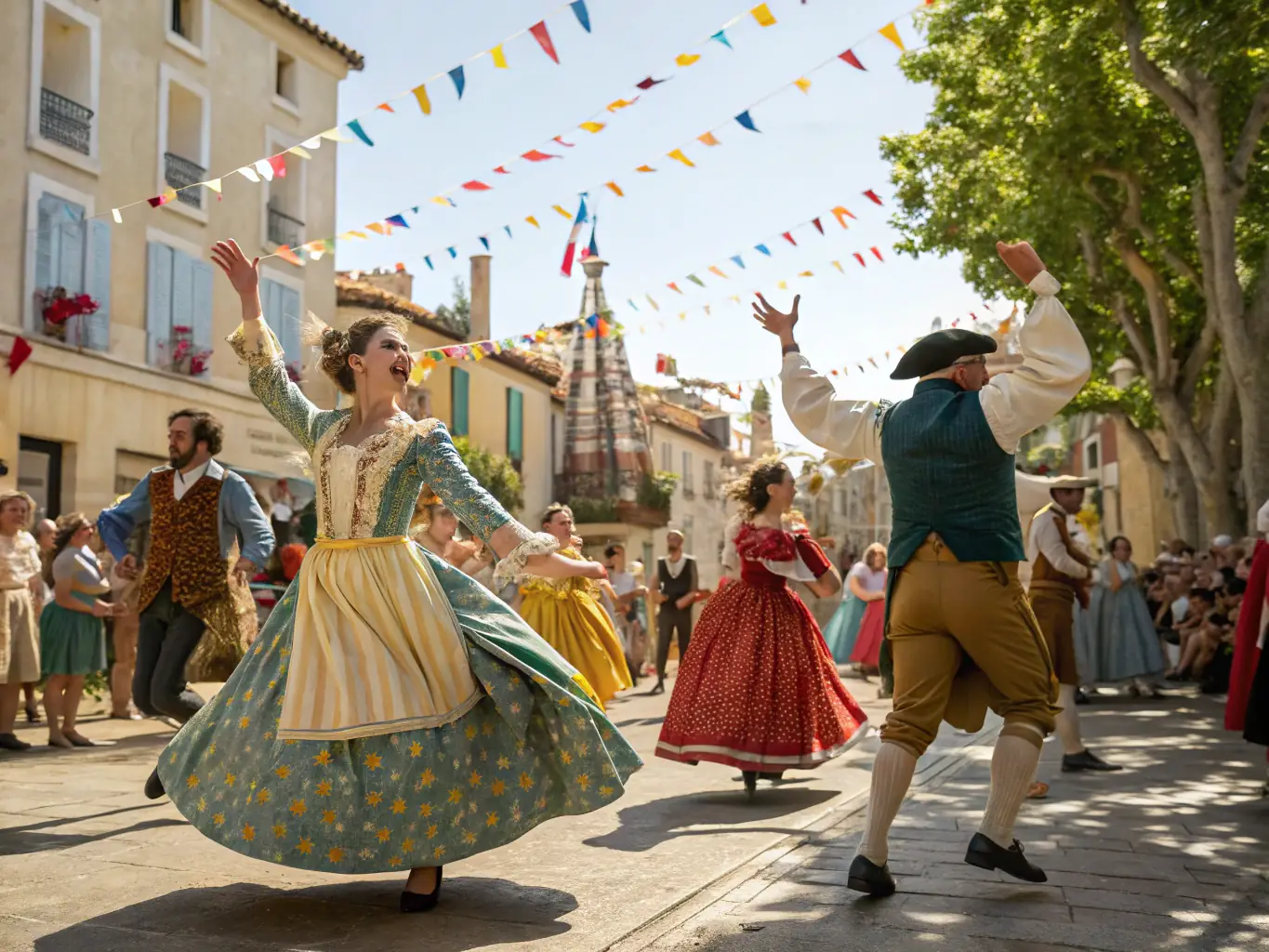A photograph capturing the excitement of a local festival in Valignat, with people participating in traditional dances and enjoying local cuisine.